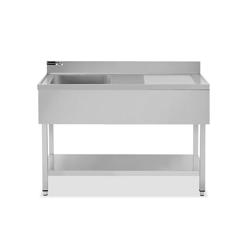 Lavello semplice 1 vasca e gocciolatoio a destra,ripiano,alzatina, L1400xP600xH965mm - con foro rubinetto Ø 32 mm