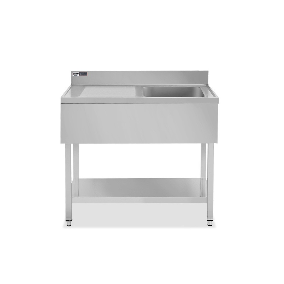 Lavello semplice 1 vasca e gocciolatoio a sinistra,ripiano,alzatina, L1100xP700xH965mm - con foro rubinetto Ø 32 mm