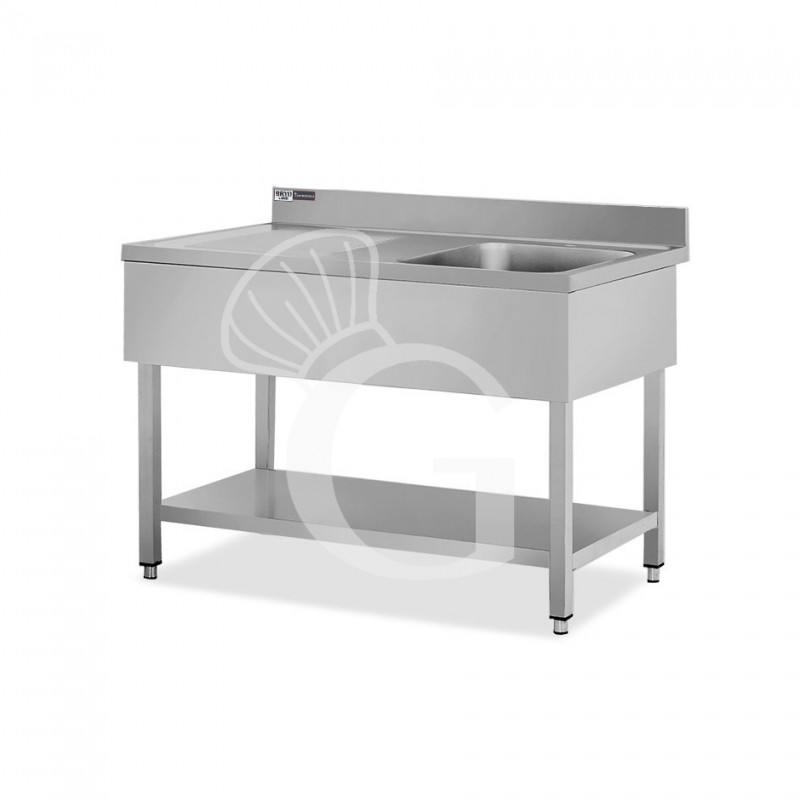 Lavello semplice 1 vasca e gocciolatoio a sinistra,ripiano,alzatina, L1300xP600xH965mm - con foro rubinetto Ø 32 mm