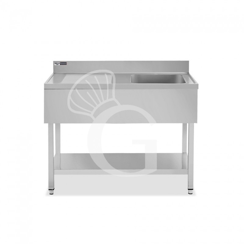 Lavello semplice 1 vasca e gocciolatoio a sinistra,ripiano,alzatina, L1300xP600xH965mm - con foro rubinetto Ø 32 mm