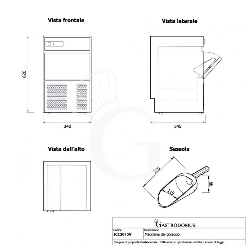 Macchina del ghiaccio monofase kg 20/24h cubetto cavo - tecnico