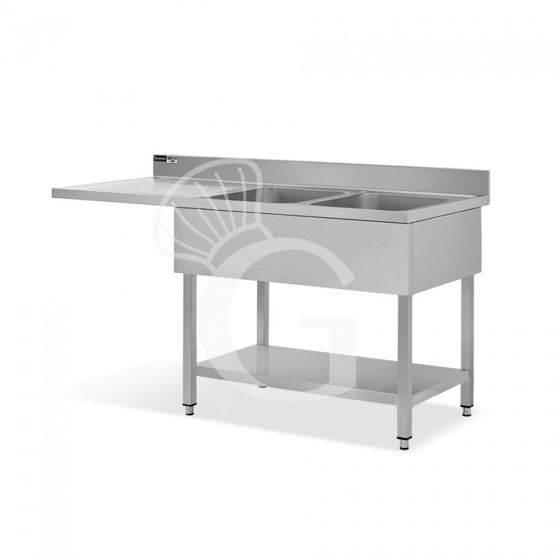 Lavello con vano lavastoviglie, gocciolatoio a sinistra, 2 vasche, L1600xP600xH965mm - con foro rubinetto Ø 32 mm