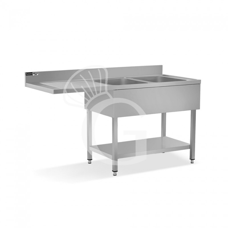 Lavello con vano lavastoviglie, gocciolatoio a sinistra, 2 vasche, L1600xP600xH965mm - con foro rubinetto Ø 32 mm