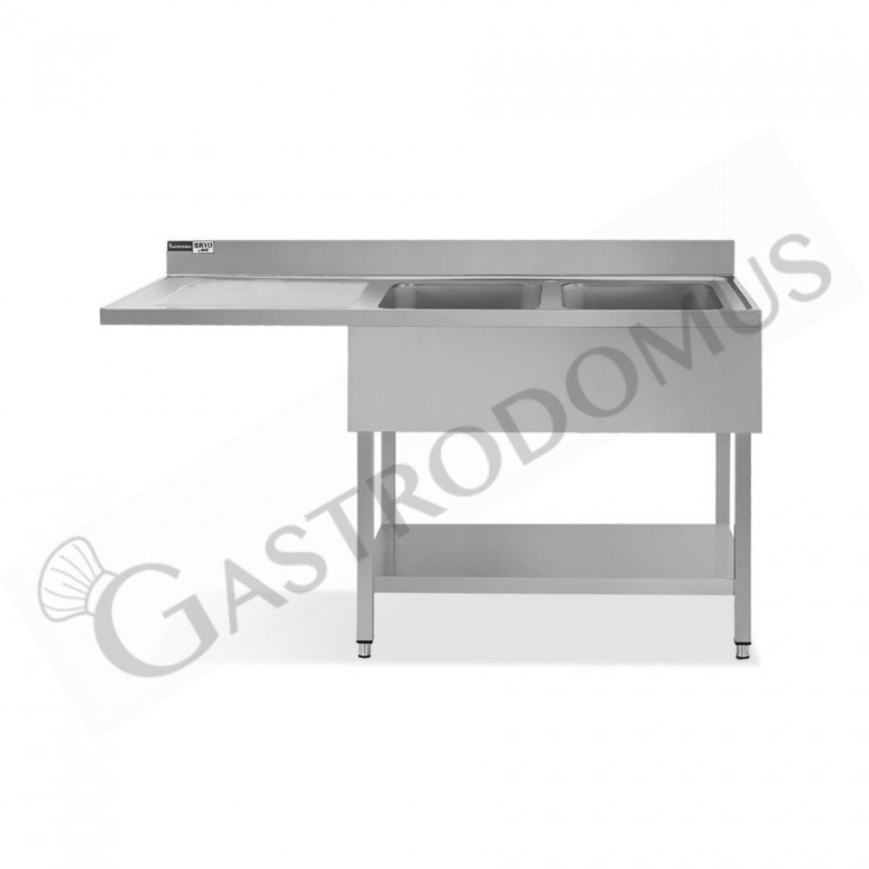 Lavello con vano lavastoviglie, gocciolatoio a sinistra, 2 vasche, L1600xP600xH965mm - con foro rubinetto Ø 32 mm Lavello con vano lavastoviglie, gocciolatoio a sinistra, 2 vasche, L1600xP600xH965mm - con foro rubinetto Ø 32 mm