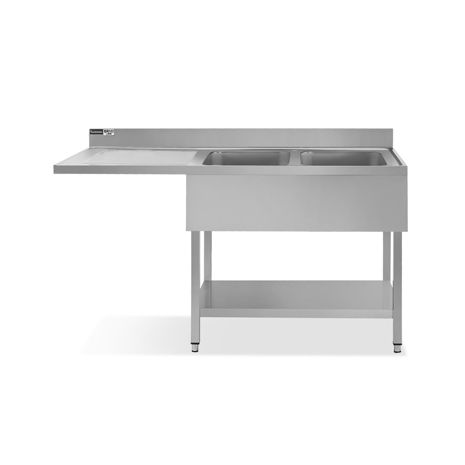 Lavello con vano lavastoviglie, gocciolatoio a sinistra, 2 vasche, L1600xP700xH965mm - con foro rubinetto Ø 35 mm