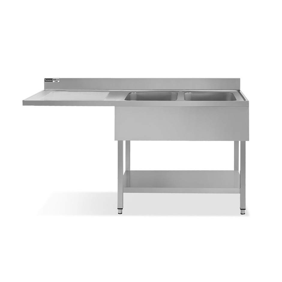 Lavello con vano lavastoviglie, gocciolatoio a sinistra, 2 vasche, L1800xP600xH965mm - con foro rubinetto Ø 32 mm