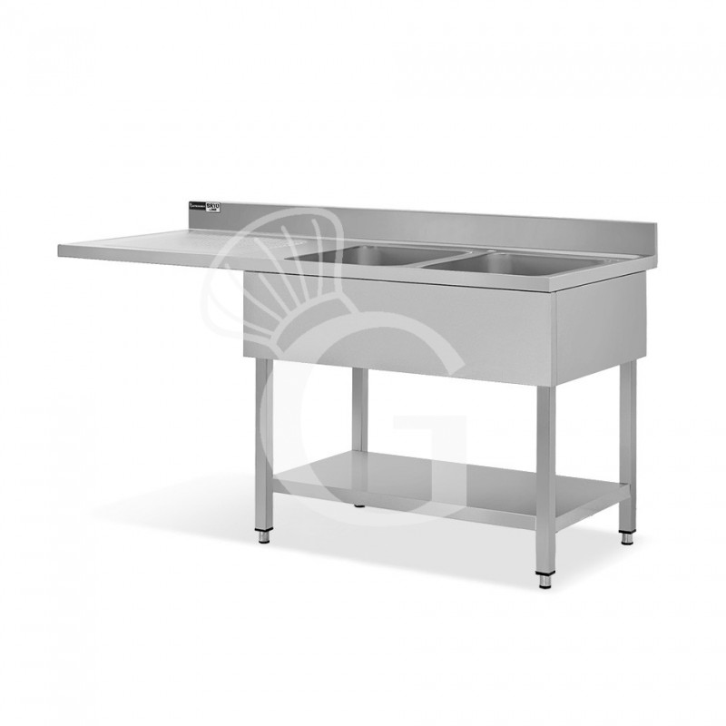 Lavello con vano lavastoviglie, gocciolatoio a sinistra, 2 vasche, L1800xP700xH965mm - con foro rubinetto Ø 32 mm