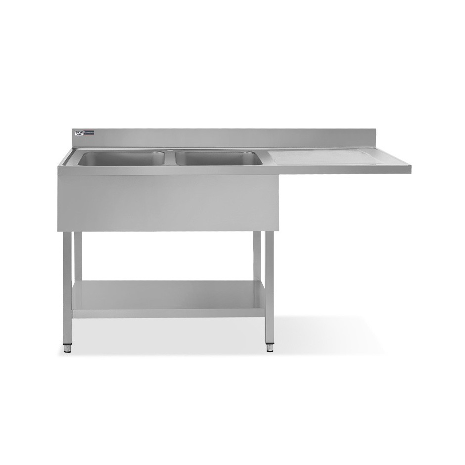 Lavello con vano lavastoviglie, gocciolatoio a destra, 2 vasche, L1600xP600xH965mm - con foro rubinetto Ø 32 mm