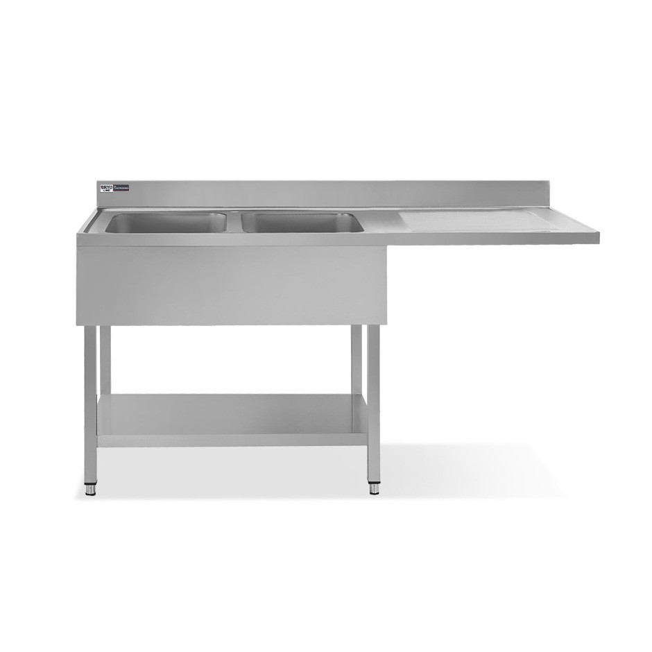 Lavello con vano lavastoviglie, gocciolatoio a destra, 2 vasche, L1800xP700xH965mm - con foro rubinetto Ø 32 mm