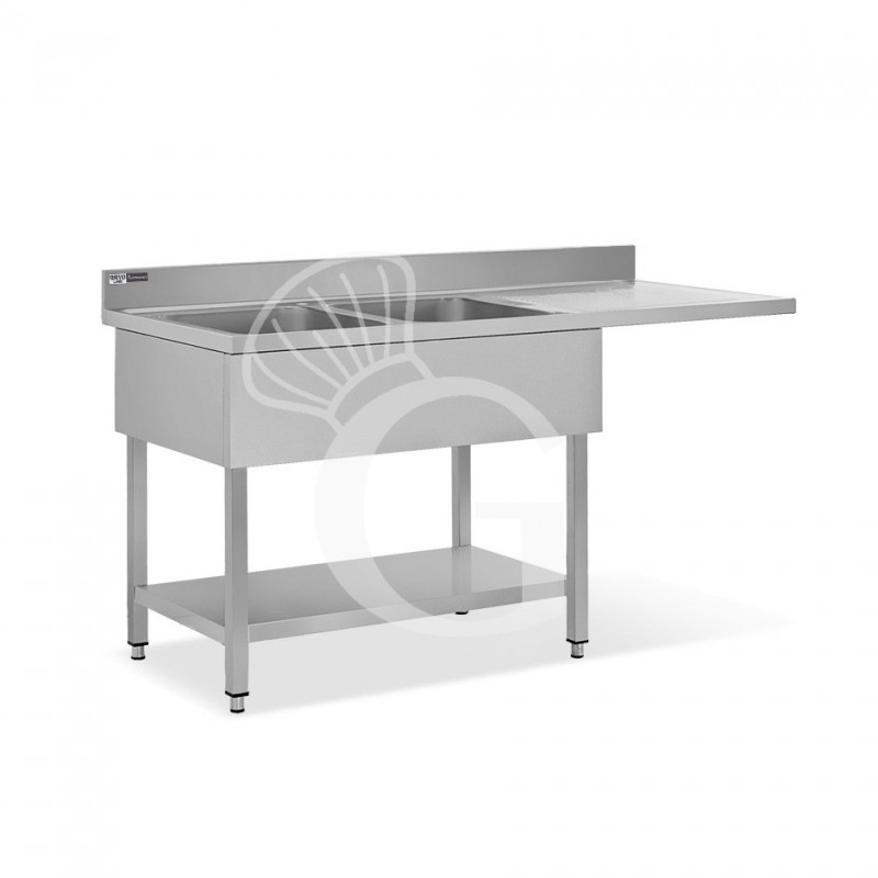 Lavello con vano lavastoviglie, gocciolatoio a destra, 2 vasche, L1600xP700xH965mm - con foro rubinetto Ø 32 mm