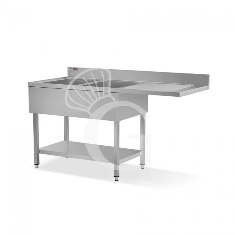 Lavello con vano lavastoviglie, gocciolatoio a destra, 2 vasche, L1600xP700xH965mm - con foro rubinetto Ø 32 mm