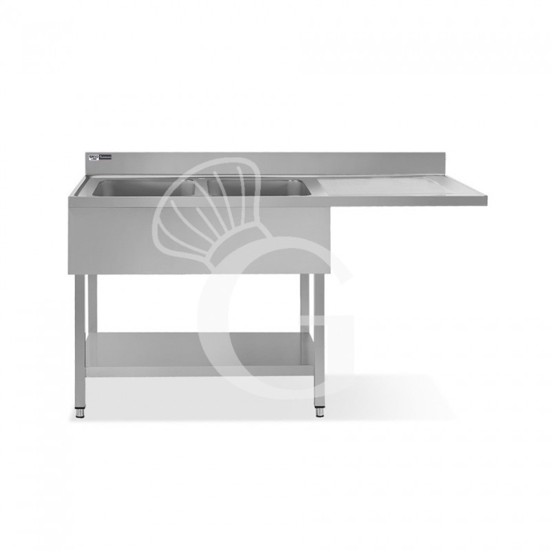 Lavello con vano lavastoviglie, gocciolatoio a destra, 2 vasche, L1600xP700xH965mm - con foro rubinetto Ø 32 mm