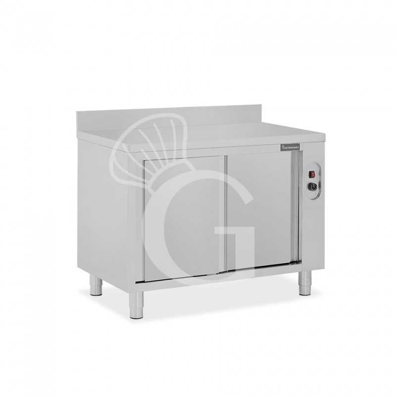 Tavolo caldo in acciaio inox porte scorrevoli, alzatina, L 1100 x P 600 x H 950 mm