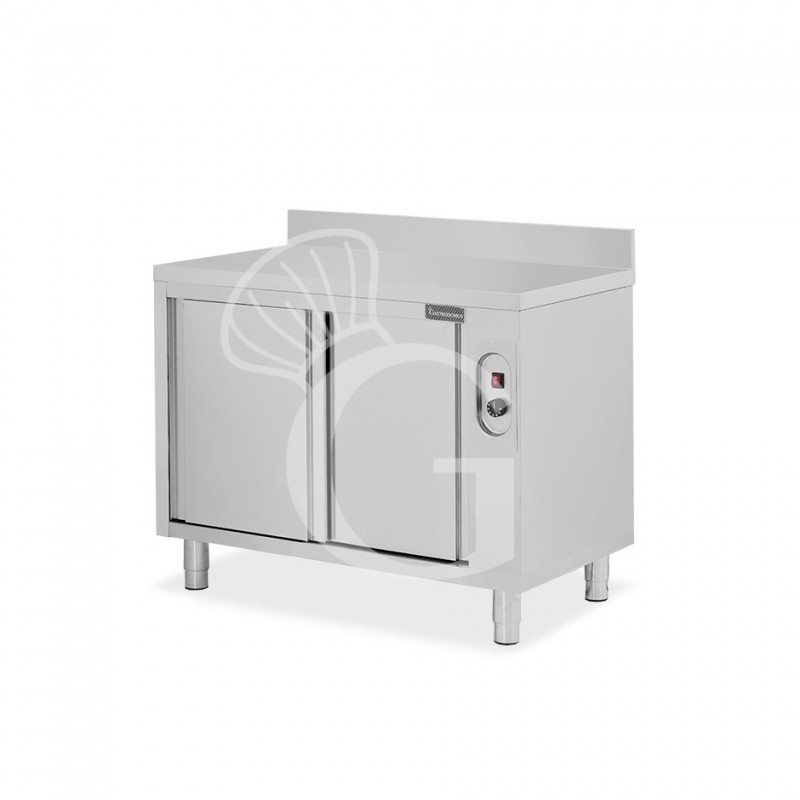 Tavolo caldo in acciaio inox porte scorrevoli, alzatina, L 1100 mm x P 700 mm x H 950 mm