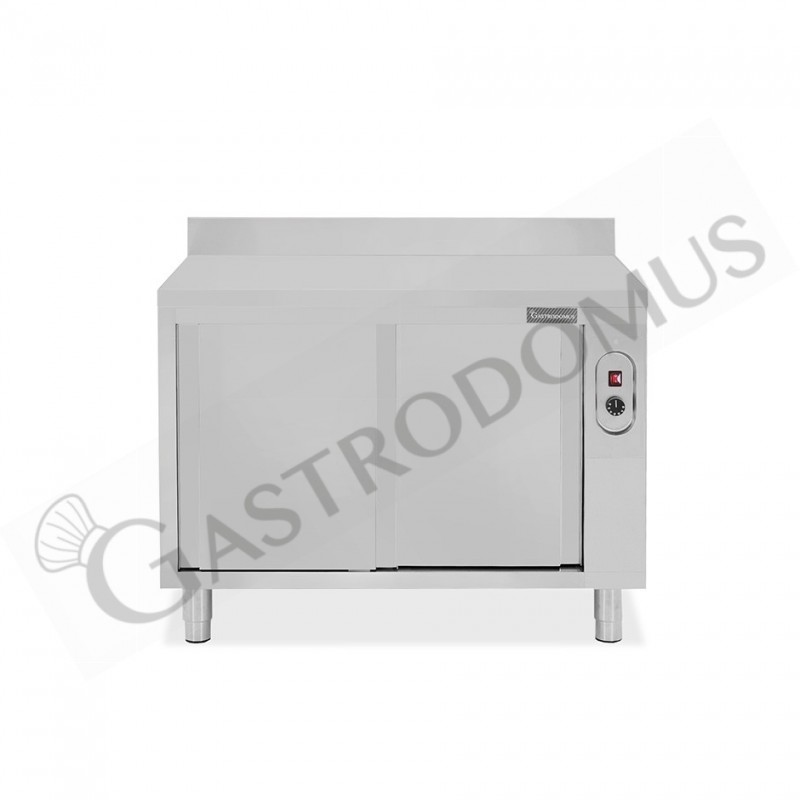 Tavolo caldo in acciaio inox porte scorrevoli, alzatina, L 1100 mm x P 700 mm x H 950 mm Tavolo caldo in acciaio inox porte scorrevoli, alzatina, L 1100 mm x P 700 mm x H 950 mm