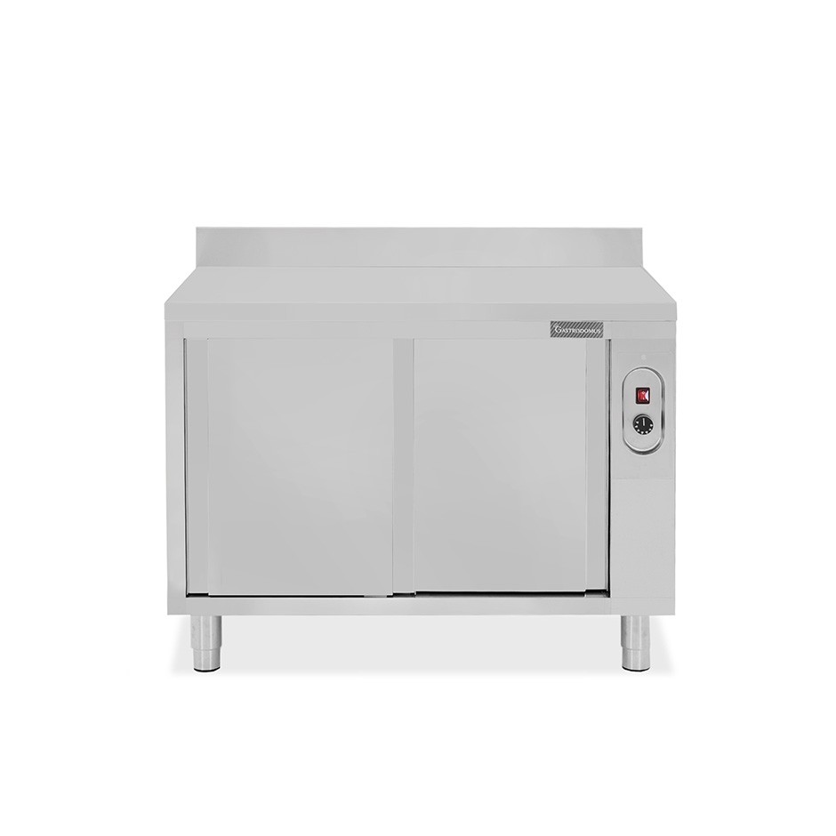 Tavolo caldo in acciaio inox porte scorrevoli, alzatina, L 1100 mm x P 700 mm x H 950 mm