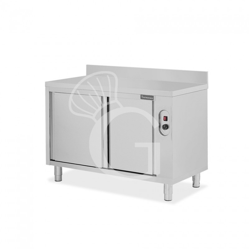 Tavolo caldo in acciaio inox porte scorrevoli, alzatina, L 1200 mm x P 700 mm x H 950 mm
