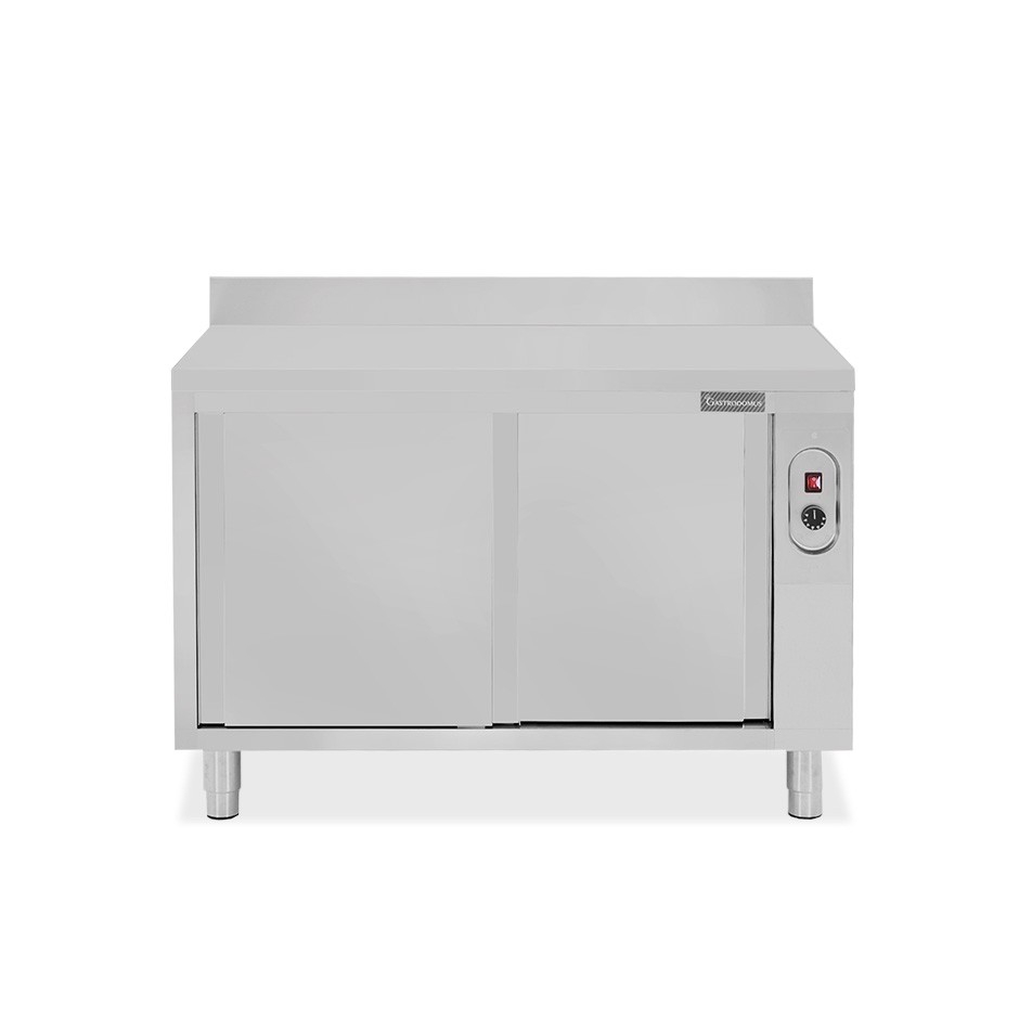 Tavolo caldo in acciaio inox porte scorrevoli, alzatina, L 1200 mm x P 700 mm x H 950 mm