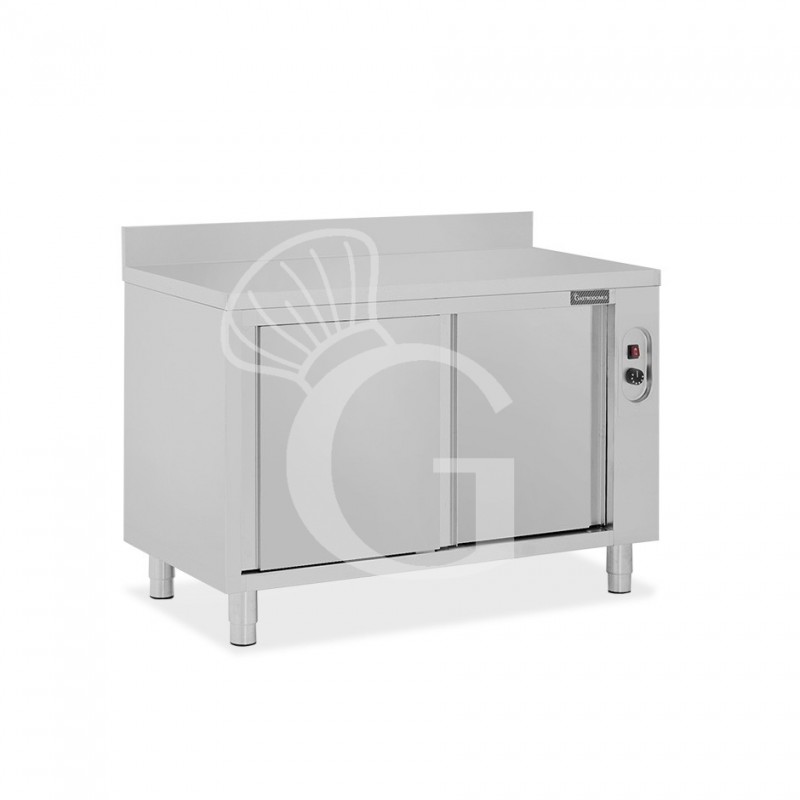 Tavolo caldo in acciaio inox porte scorrevoli, alzatina, L 1200 mm x P 700 mm x H 950 mm