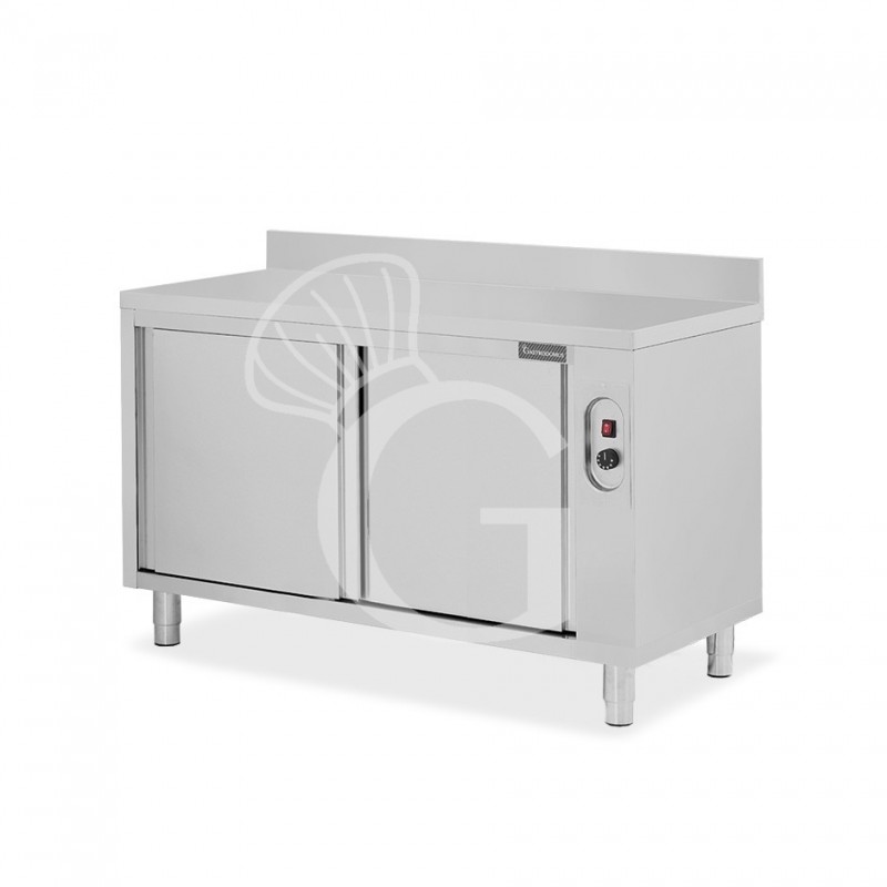 Tavolo caldo in acciaio inox con porte scorrevoli, alzatina L 1400 mm x P 600 mm x H 950 mm