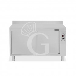 Tavolo caldo in acciaio inox con porte scorrevoli, alzatina L 1400 mm x P 600 mm x H 950 mm