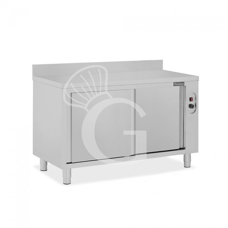 Tavolo caldo in acciaio inox con porte scorrevoli, alzatina L 1400 mm x P 600 mm x H 950 mm
