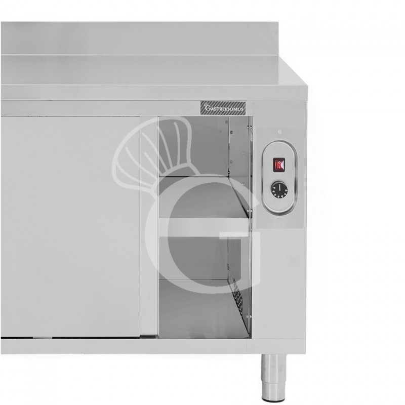 Tavolo caldo in acciaio inox con porte scorrevoli, alzatina L 1400 mm x P 600 mm x H 950 mm