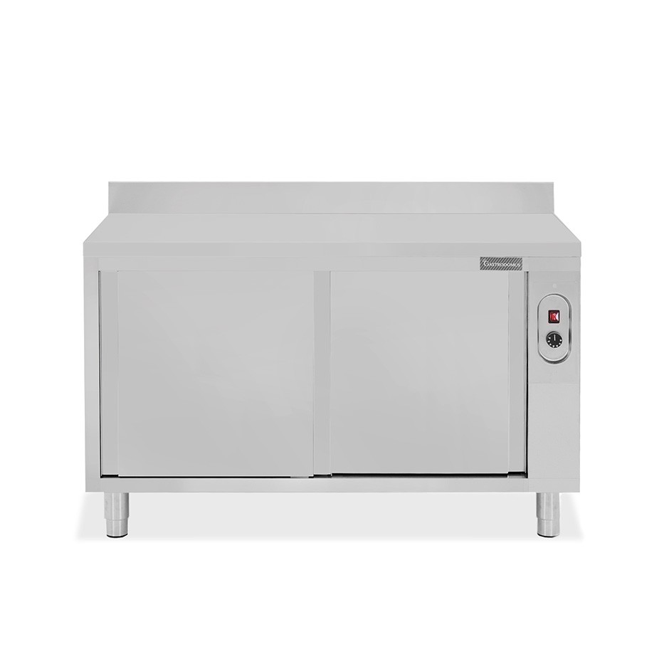 Tavolo caldo in acciaio inox porte scorrevoli, alzatina, L 1500 mm x P 700 mm x H 950 mm