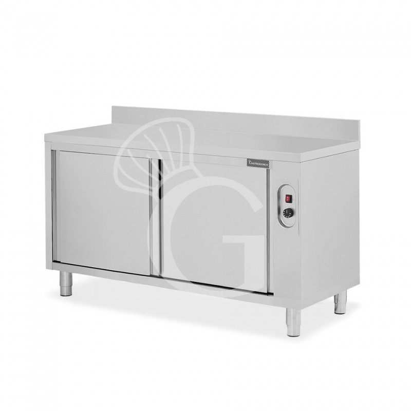 Tavolo caldo in acciaio inox con porte scorrevoli, alzatina L 1600 mm x P 600 mm x H 950 mm