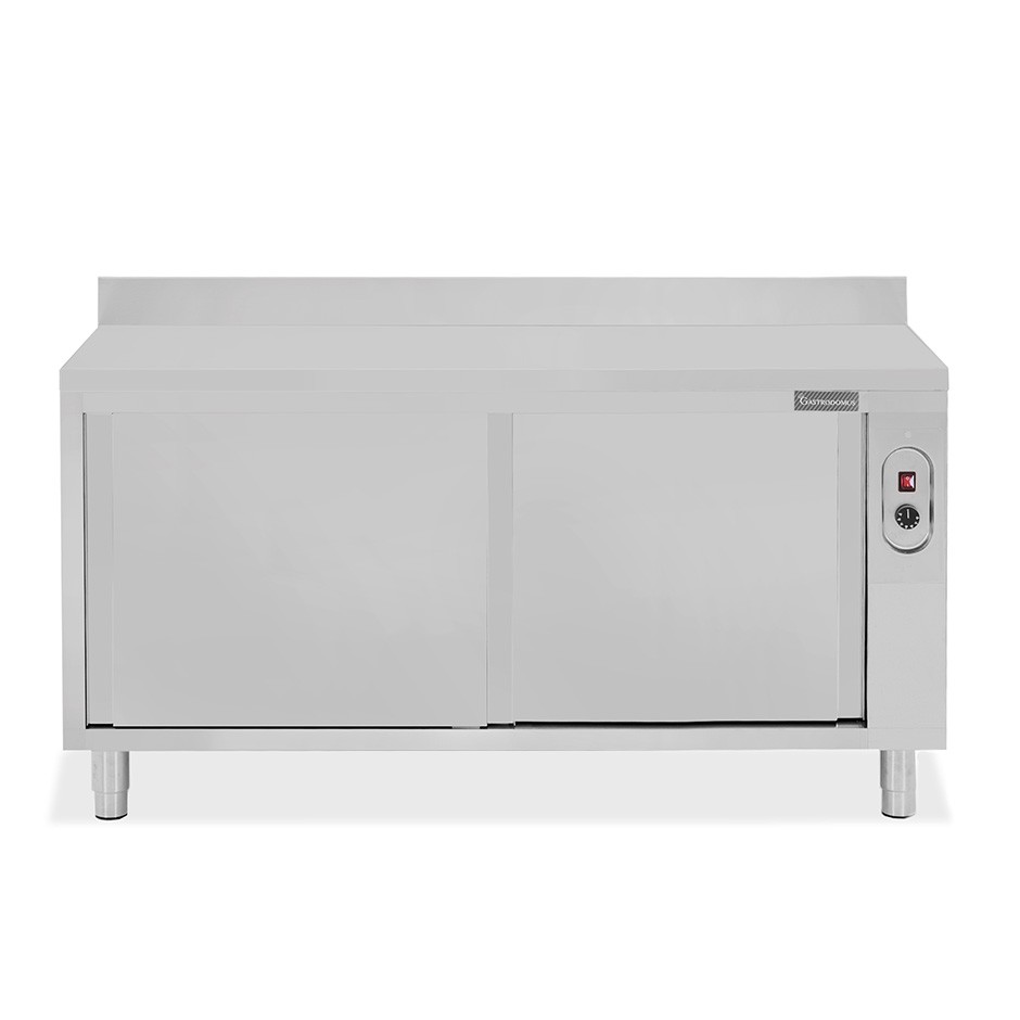 Tavolo caldo in acciaio inox porte scorrevoli, alzatina, L 1800 mm x P 700 mm x H 950 mm