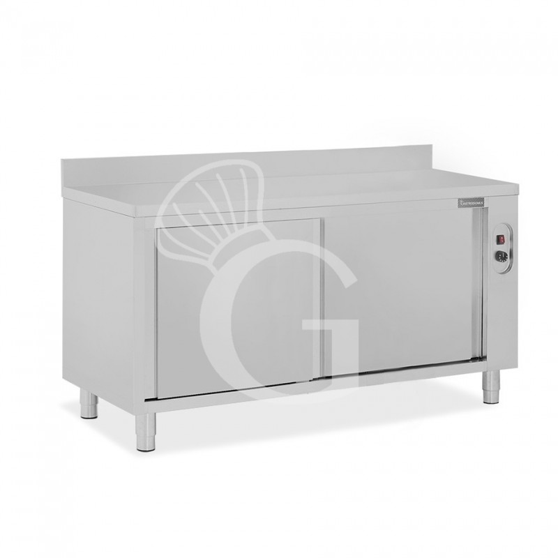 Tavolo caldo in acciaio inox con porte scorrevoli, alzatina L 1900 mm x P 600 mm x H 950 mm
