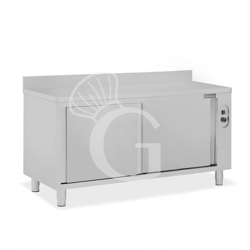 Tavolo caldo in acciaio inox con porte scorrevoli, alzatina L 2000 mm x P 600 mm x H 950 mm