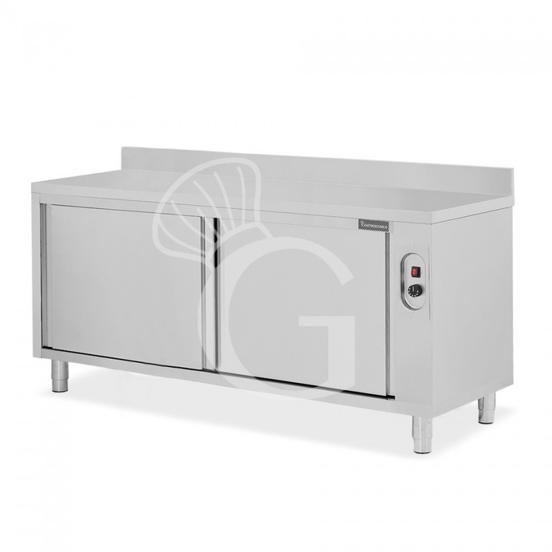 Tavolo caldo in acciaio inox porte scorrevoli, alzatina, L 2000 mm x P 700 mm x H 950 mm