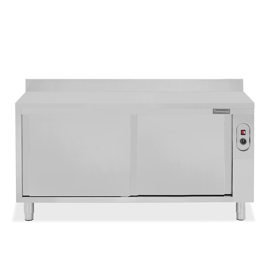 Tavolo caldo in acciaio inox porte scorrevoli, alzatina, L 2000 mm x P 700 mm x H 950 mm