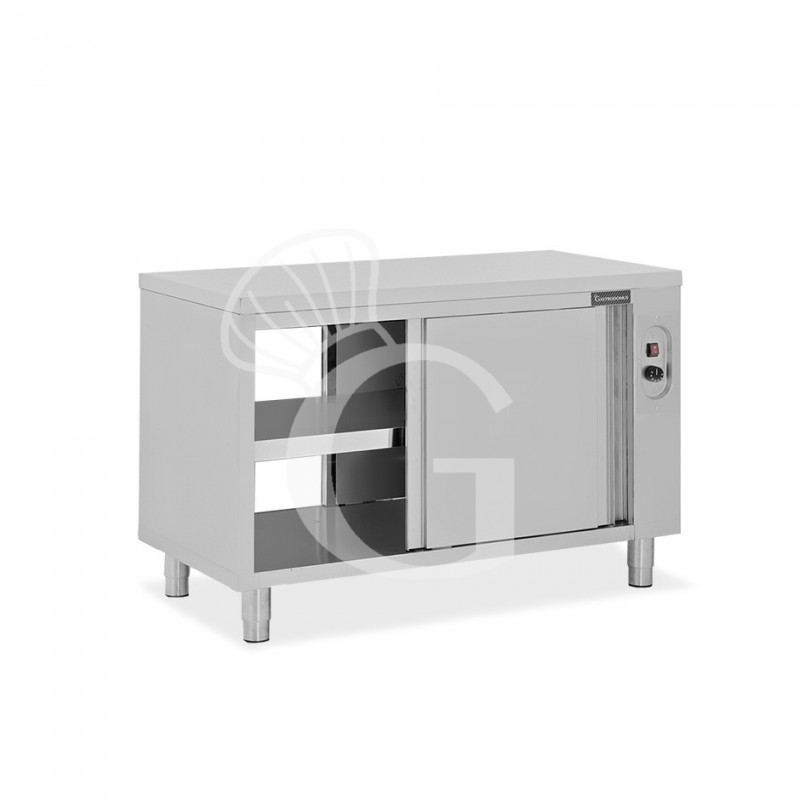 Tavolo caldo passante in acciaio inox con porte scorrevoli, L 1300 mm x P 600 mm x H 850 mm