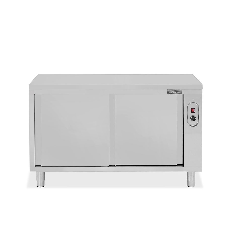 Tavolo caldo passante in acciaio inox con porte scorrevoli, L 1500 mm x P 700 mm x H 850 mm