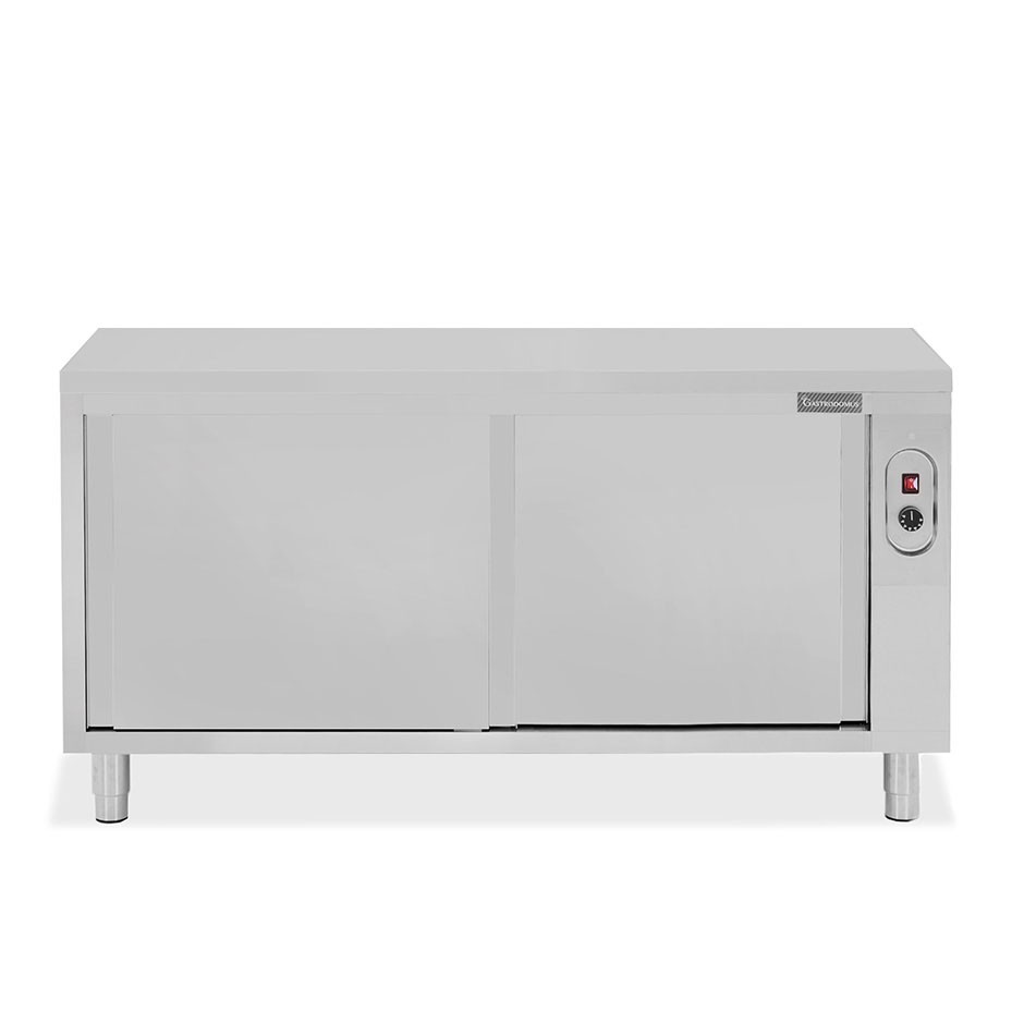 Tavolo caldo passante in acciaio inox con porte scorrevoli, L 1800 mm x P 700 mm x H 850 mm