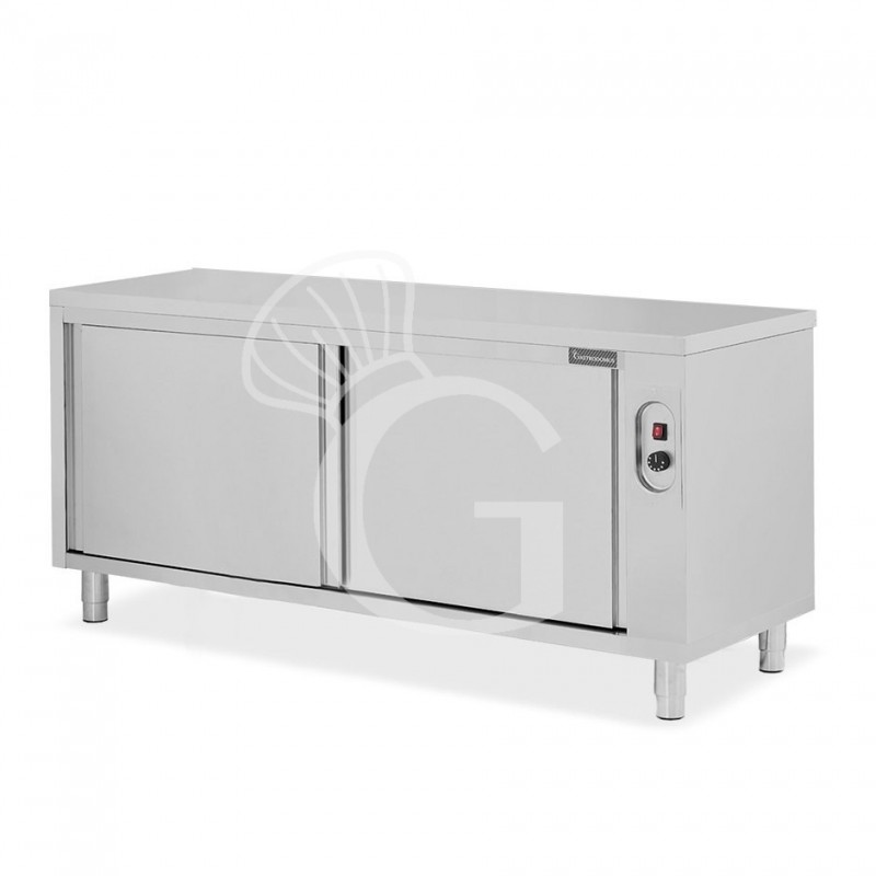 Tavolo caldo passante in acciaio inox con porte scorrevoli, L 2000 mm x P 600 mm x H 850 mm