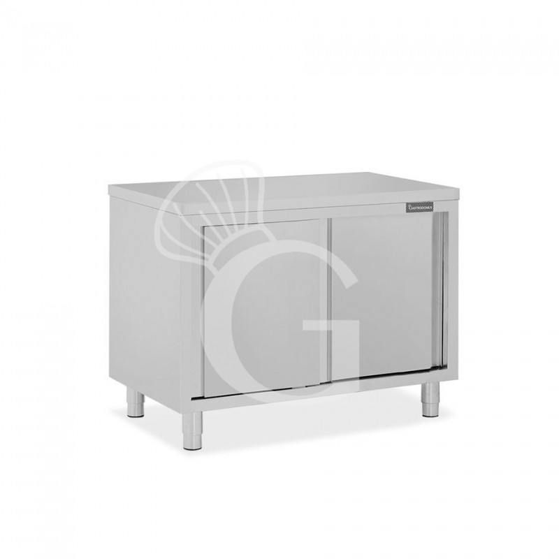 Tavolo armadiato passante in acciaio inox con porte scorrevoli, L 1000 mm x P 800 mm x H 850 mm