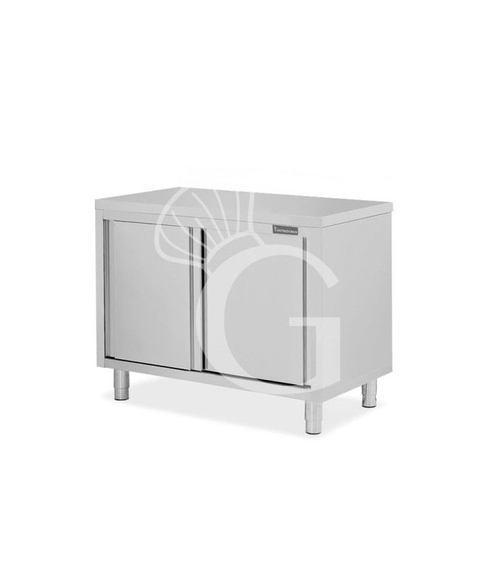 Tavolo armadiato passante in acciaio inox con porte scorrevoli, L 1000 mm x P 600 mm x H 865mm