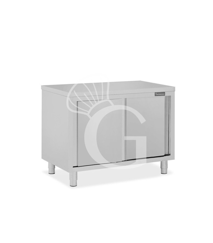 Tavolo armadiato passante in acciaio inox con porte scorrevoli, L 1000 mm x P 600 mm x H 865mm