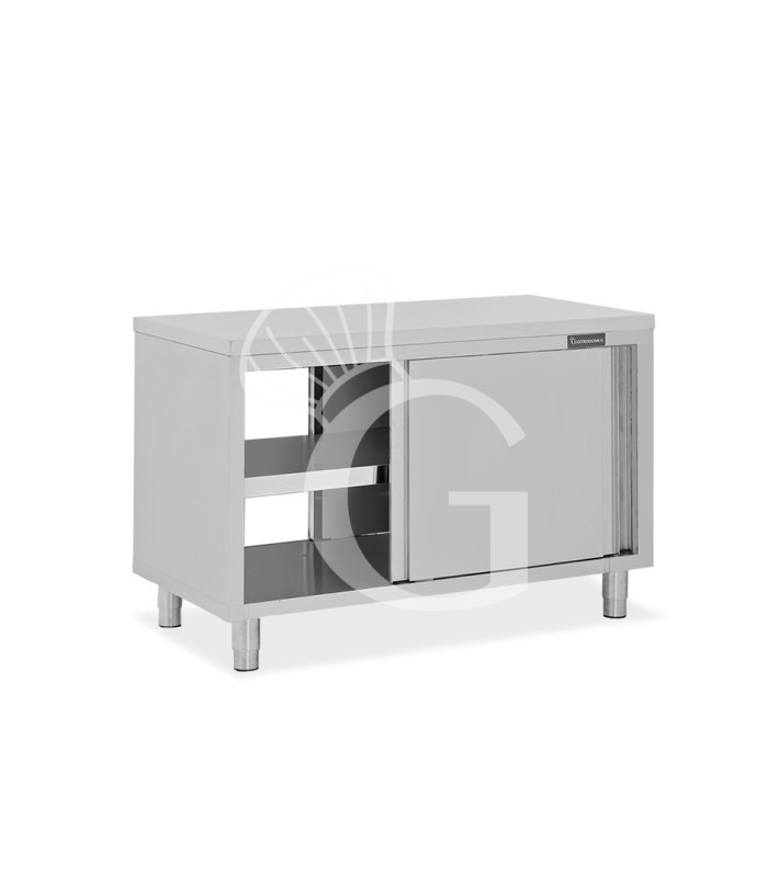 Tavolo armadiato passante in acciaio inox con porte scorrevoli, L 1000 mm x P 600 mm x H 865mm
