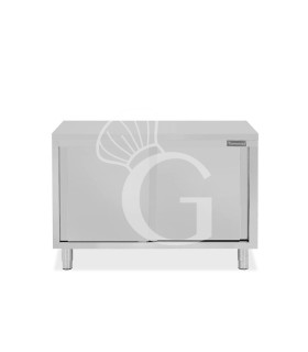 Tavolo armadiato passante in acciaio inox con porte scorrevoli, L 1200 mm x P 800 mm x H 850 mm