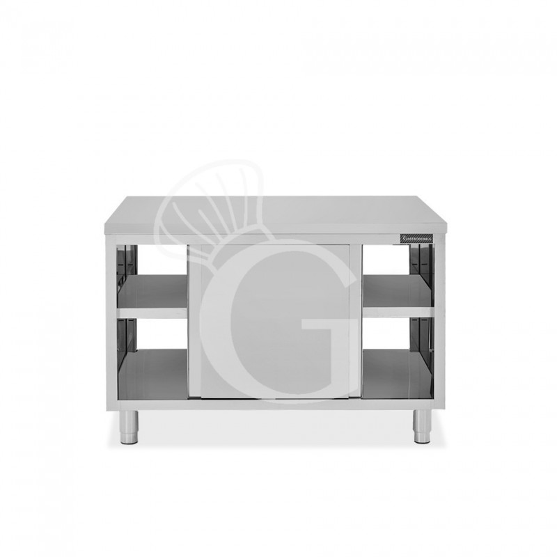Tavolo armadiato passante in acciaio inox con porte scorrevoli, L 1200 mm x P 700 mm x H 850 mm
