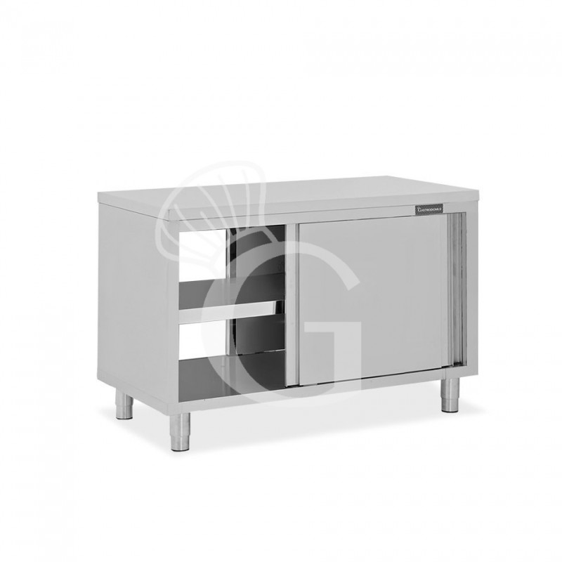 Tavolo armadiato passante in acciaio inox con porte scorrevoli, L 1200 mm x P 700 mm x H 850 mm