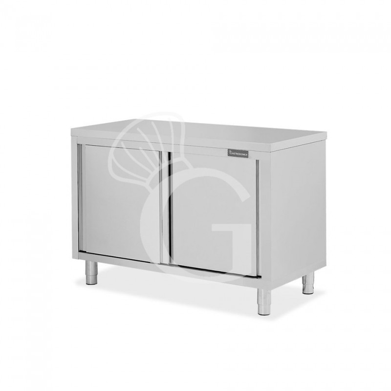 Tavolo armadiato passante in acciaio inox con porte scorrevoli, L 1300 mm x P 600 mm x H 850 mm Tavolo armadiato passante in acciaio inox con porte scorrevoli, L 1300 mm x P 600 mm x H 850 mm