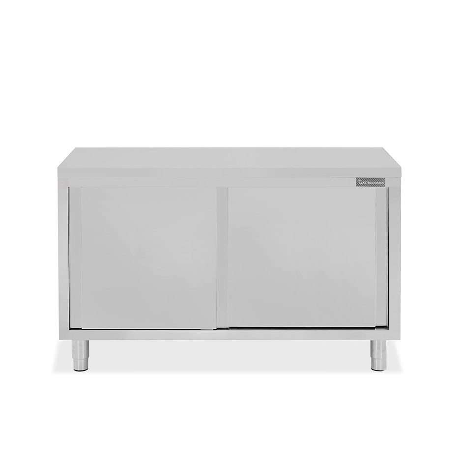 Tavolo armadiato passante in acciaio inox con porte scorrevoli, L 1400 mm x P 700 mm x H 850 mm