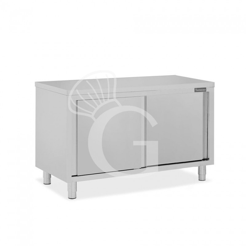 Tavolo armadiato passante in acciaio inox con porte scorrevoli, L 1500 mm x P 700 mm x H 850 mm