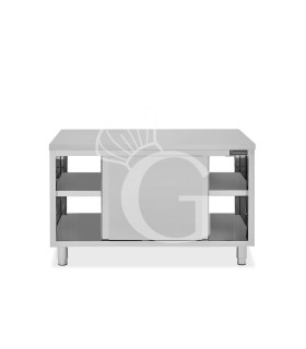 Tavolo armadiato passante in acciaio inox con porte scorrevoli, L 1500 mm x P 700 mm x H 850 mm
