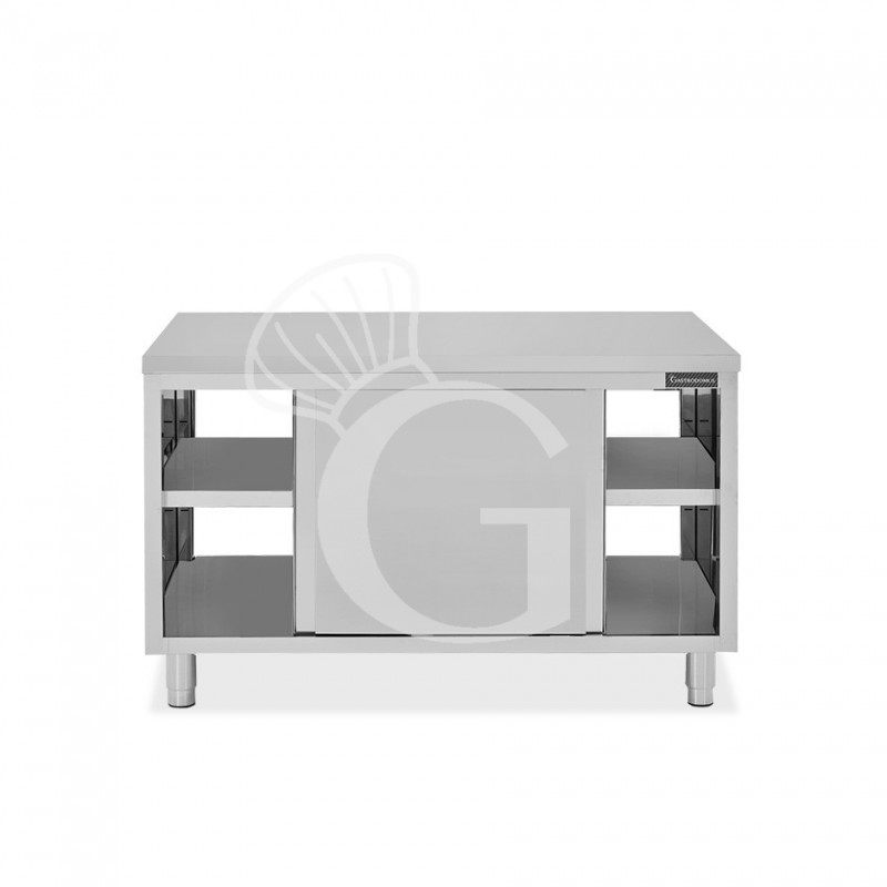 Tavolo armadiato passante in acciaio inox con porte scorrevoli, L 1500 mm x P 700 mm x H 850 mm